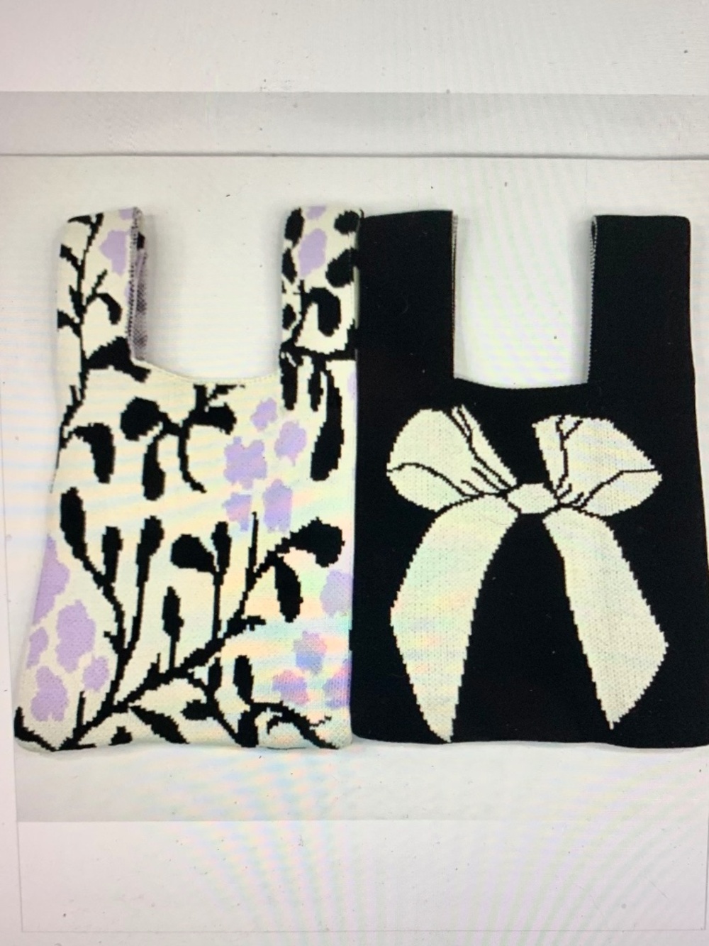 Cottagecore tapestry boho knit wrist bag black white lavender floral/ribbon/bow